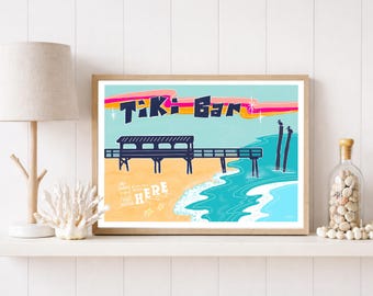 Tiki Bar Carolina Beach, NC  Poster Retro Coastal Print