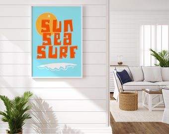 Póster de surf en el mar / Arte mural vertical mate de playa, tipografía retro de surf