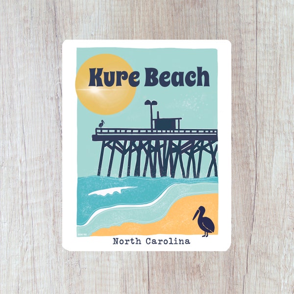 Kure Beach Travel Poster Sticker 3 x 4 inch Sticker, Water Bottle Sticker, Pelican Sticker, Fishing Pier, North Carolina