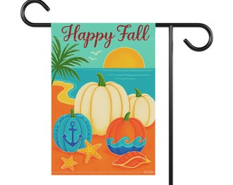 Happy Fall Garden Flag Coastal Autumn Decor with Pumpkins at the Beach and Seashells