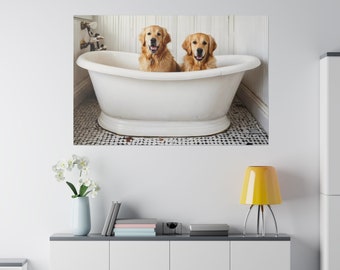 Cute Golden Retriever Dogs in Bathtub Canvas Wall art