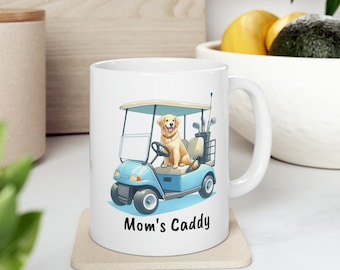 Golden Retriever Golf Cart Ceramic Mug (11oz) Coffee Lover| Mom Gift| Gift| Golfer