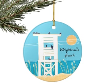 Wrightsville Beach Ceramic Ornament – Coastal Lifeguard Stand Sunrise Decoration