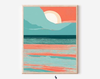 Cloud Covered Sun Rolling Waves Poster Print in Aqua and Coral