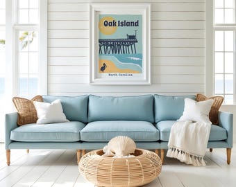 Oak Island Fishing Pier Print: Retro Coastal Travel Poster