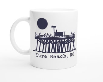 Kure Beach Sunrise Pier North Carolina White 11oz Ceramic Coffee Mug Perfect for Beach Mornings