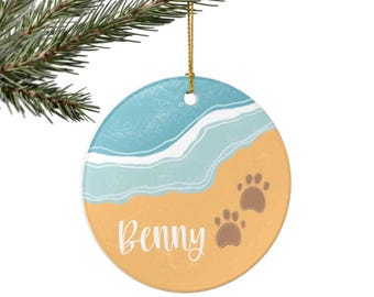 Adorno de cerámica personalizado con temática de océano y playa / Huellas de patas de perro