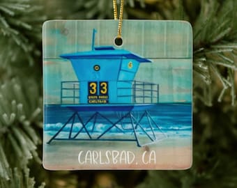 Carlsbad California Lifeguard Tower Ceramic Square Ornament, Keepsake, Souvenir, Vacation,