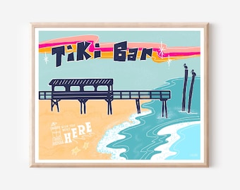 Póster retro de bar Tiki en Carolina Beach, Carolina del Norte. Impresión costera.