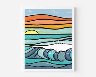Sunrise Ocean Waves Art Print: Colorful Beach Tropical Decor