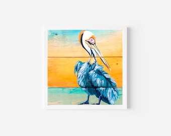 Pelican on  Art PRINT | Pelican Birds Print | Square Print | Pelicans Art | Tropical Print | Coastal Art | Coastal ART| Sara Pascarell Art