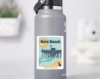 Kure Beach Travel Poster Sticker: North Carolina Pelican Pier Art
