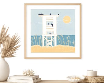 Coastal Lifeguard Stand Poster Matte Horizontal Beach Print | Seaside Sun and Birds