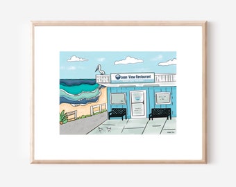 Kure Beach NC Poster: Ocean View Restaurant, Fishing Pier Coastal Art