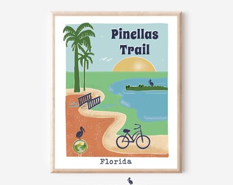 Pinellas Trail Florida Poster| Florida| Biking| Hiking| Walking | Coastal Print| New Home Gift| Boho Wall Art| Alligator|Pelicans |Sunset