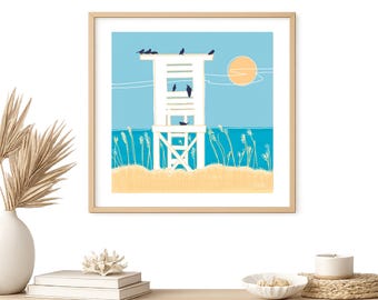 Póster de puesto de socorrista costero con colores brillantes, acabado mate horizontal, estampado playero / Sol y pájaros junto al mar