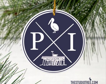 Pleasure Island North Carolina Christmas Ornament | KB Ornament | Beach Ornament |Fishing Pier| Pelicans |Navy | Realtor Gift|Lisa Pascarell