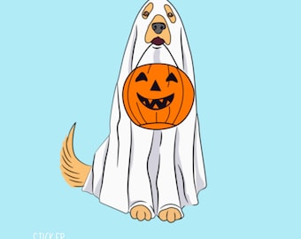 Golden Retriever Ghost Sticker: Halloween Trick or Treat, Waterproof Vinyl