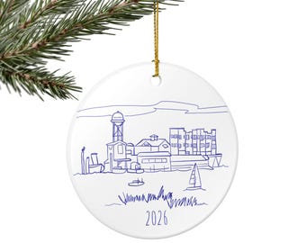 Southport NC Harbor Skyline Sketch Ornament, Ceramic Ornament