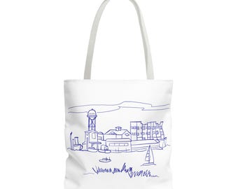 Bolso de mano con diseño del puerto costero de Southport, Carolina del Norte / Arte lineal náutico del paseo marítimo