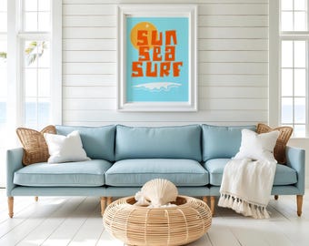 Póster retro de sol, mar y surf / Arte mural con tipografía playera (borde blanco)