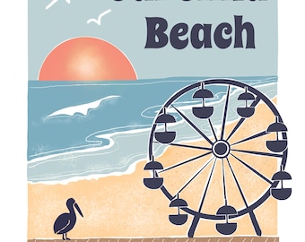 Carolina Beach NC Print: Peach Sun, Boardwalk Art