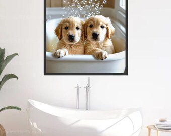 Cute Golden Retriever Puppies in Bathtub with Bubbles Classic Matte Print