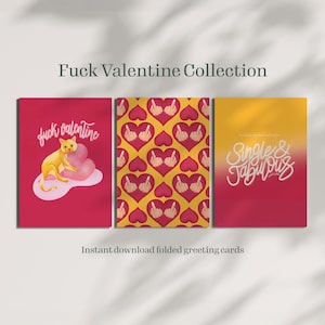 Fuck Valentinstag druckbare Fluchkarte – Set mit 3 digitalen Karten, geile Katze, Mittelfinger und freche Zitate, lustiger Valentinstag für Erwachsene