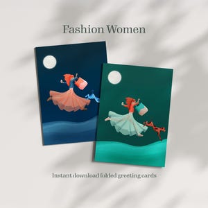 A set of 2 digital greeting cards showcasing a fashionable woman with her dog, designed in lively and colorful styles