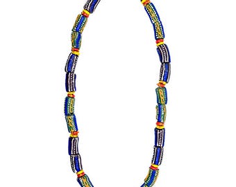 May include: A necklace made of blue, green, yellow, and red glass beads. The necklace has a large, round, yellow bead in the center.