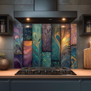 Dosseret en verre trempé, Dosseret en verre abstrait pour la cuisine, Couvercle supérieur de cuisinière coloré, Dosseret de poêle, Dosseret de cuisine pour cuisinière