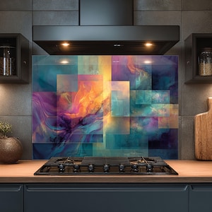 Dosseret en verre trempé, Dosseret en verre abstrait pour la cuisine, Couvercle supérieur de cuisinière coloré, Dosseret de poêle, Dosseret de cuisine pour cuisinière