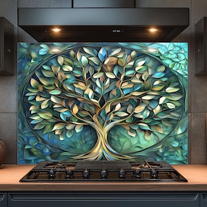 Dosseret en verre trempé, dosseret en verre arbre de vie pour cuisine, couvercle de cuisinière, dosseret de poêle, dosseret de cuisine pour cuisinière