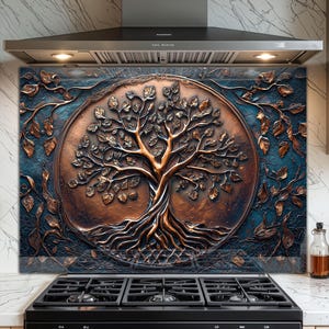 Tempered Glass Backsplash for Kitchen - Easy to Clean, Heat Resistant Stove Backsplash - Tree of Life Design