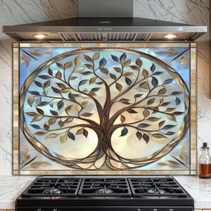 Achterwand van gehard glas voor keuken - Gemakkelijk schoon te maken, hittebestendige achterwand kachel - Tree of Life-ontwerp