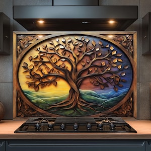 Dosseret en verre trempé, dosseret en verre arbre de vie pour cuisine, couvercle de cuisinière, dosseret de poêle, dosseret de cuisine pour cuisinière