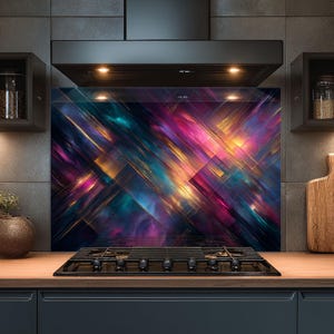Dosseret en verre trempé, Dosseret en verre abstrait pour la cuisine, Couvercle supérieur de cuisinière coloré, Dosseret de poêle, Dosseret de cuisine pour cuisinière