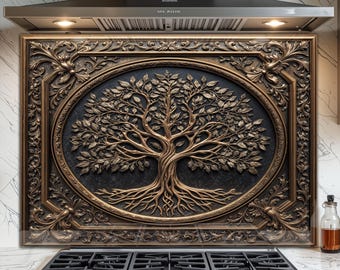 Achterwand van gehard glas voor keuken - Gemakkelijk schoon te maken, hittebestendige achterwand kachel - Tree of Life-ontwerp