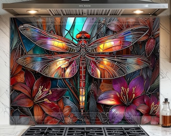 Tempered Glass Backsplash for Kitchen - Easy to Clean, Heat Resistant Stove Backsplash - Dragonfly Design
