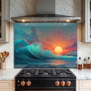 May include: A colourful kitchen splashback showing a sunset over the sea. The artwork depicts large turquoise waves crashing under a fiery orange and yellow sky. The splashback is installed above a black stove.