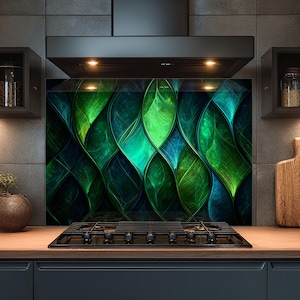 Dosseret en verre trempé, Dosseret en verre abstrait pour la cuisine, Couvercle supérieur de cuisinière vert, Dosseret de poêle, Dosseret de cuisine pour cuisinière