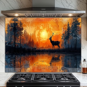 Sonnenuntergang Hirsch Gehärtetes Glas Küchen Backsplash: Ruhige Waldszene