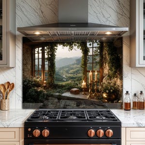 Rustic Window View Tempered Glass Kitchen Backsplash - Easy Clean