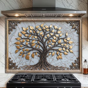 Tempered Glass Backsplash for Kitchen - Easy to Clean, Heat Resistant Stove Backsplash - Tree of Life Design