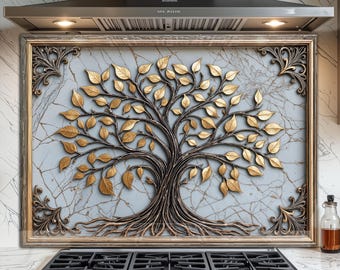 Tempered Glass Backsplash for Kitchen - Easy to Clean, Heat Resistant Stove Backsplash - Tree of Life Design