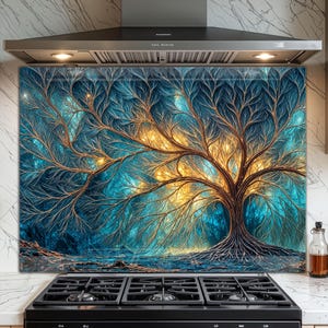 May include: A decorative kitchen backsplash featuring a stylized tree design. The artwork showcases a tree with a brown trunk and branches, set against a backdrop of blue and gold hues. The roots of the tree are visible at the base.