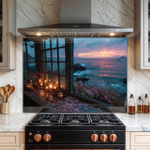 Rustic Window Seascape Tempered Glass Kitchen Backsplash