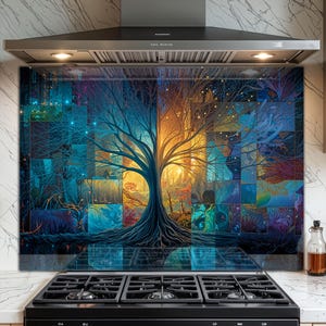 Tempered Glass Backsplash for Kitchen - Easy to Clean, Heat Resistant Stove Backsplash - Tree of Life Design