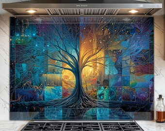 Tempered Glass Backsplash for Kitchen - Easy to Clean, Heat Resistant Stove Backsplash - Tree of Life Design