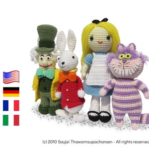 Alice in Wonderland, Mad Hatter, White Rabbit en Cheshire Cat, Amigurumi-poppen PDF haakpatronen in het Engels, Duits, Italiaans en Frans afbeelding 1